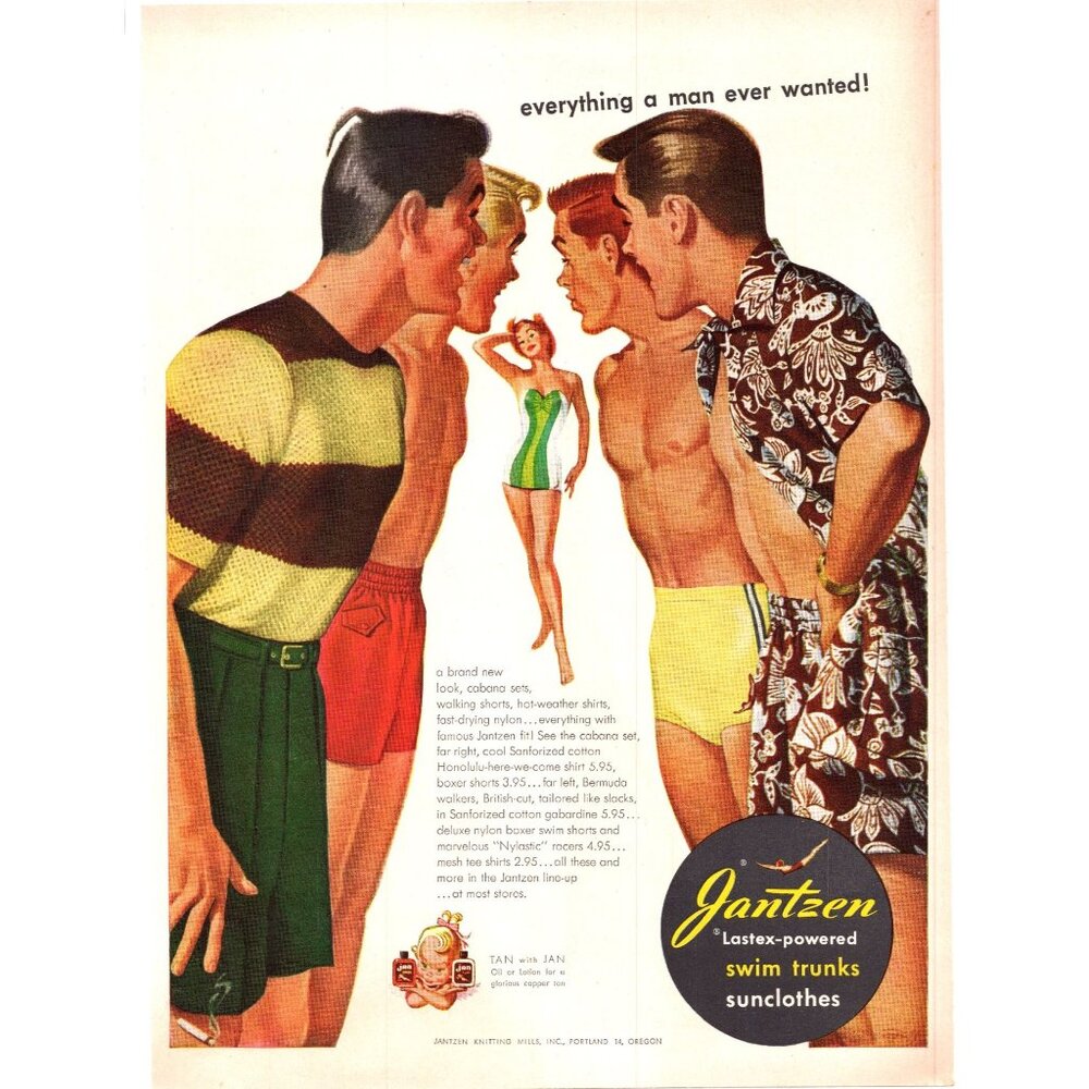 1950 Jantzen Latex Swim Trunks Swimsuits Vintage Print Ad Redhead 50s Wall Art